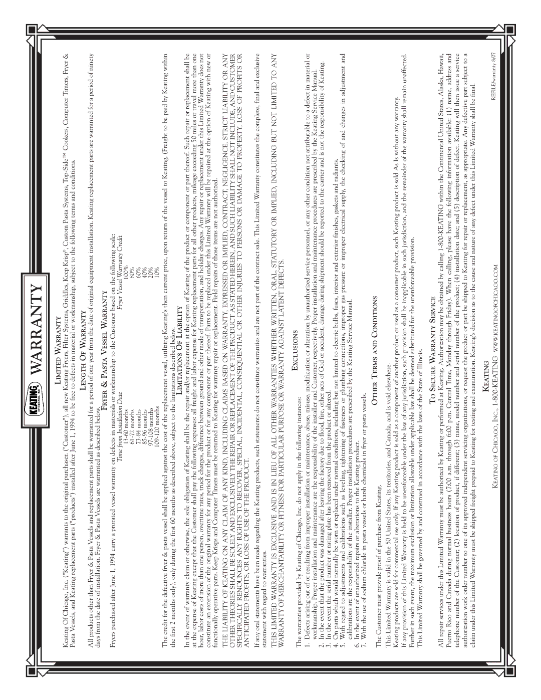 Keating Of Chicago 0107 service manual Warranty 