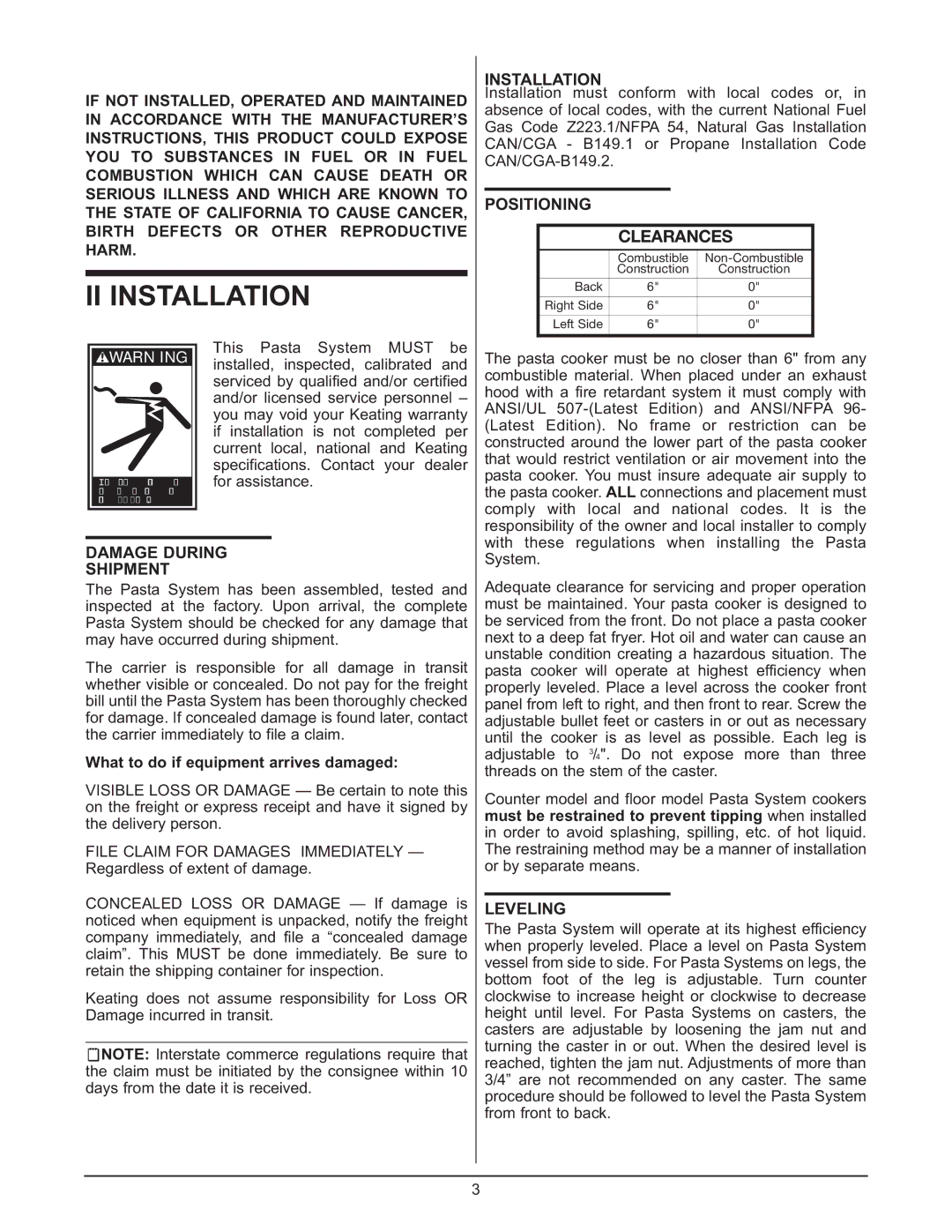 Keating Of Chicago 0107 service manual II Installation, Positioning, Damage During Shipment, Leveling 