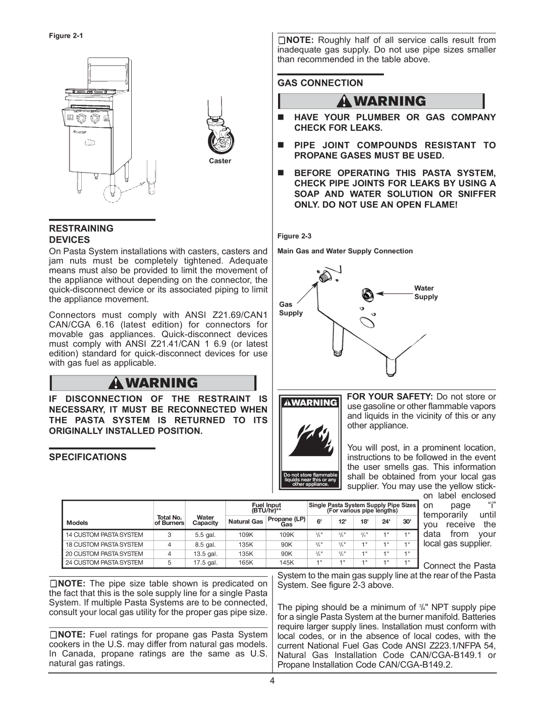 Keating Of Chicago 0107 service manual GAS Connection, Restraining, Devices, Specifications 