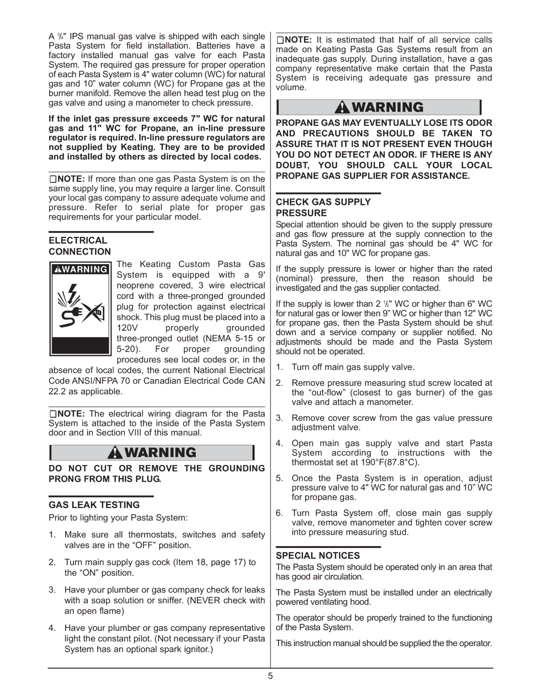 Keating Of Chicago 0107 service manual GAS Leak Testing, Check GAS Supply Pressure, Special Notices 