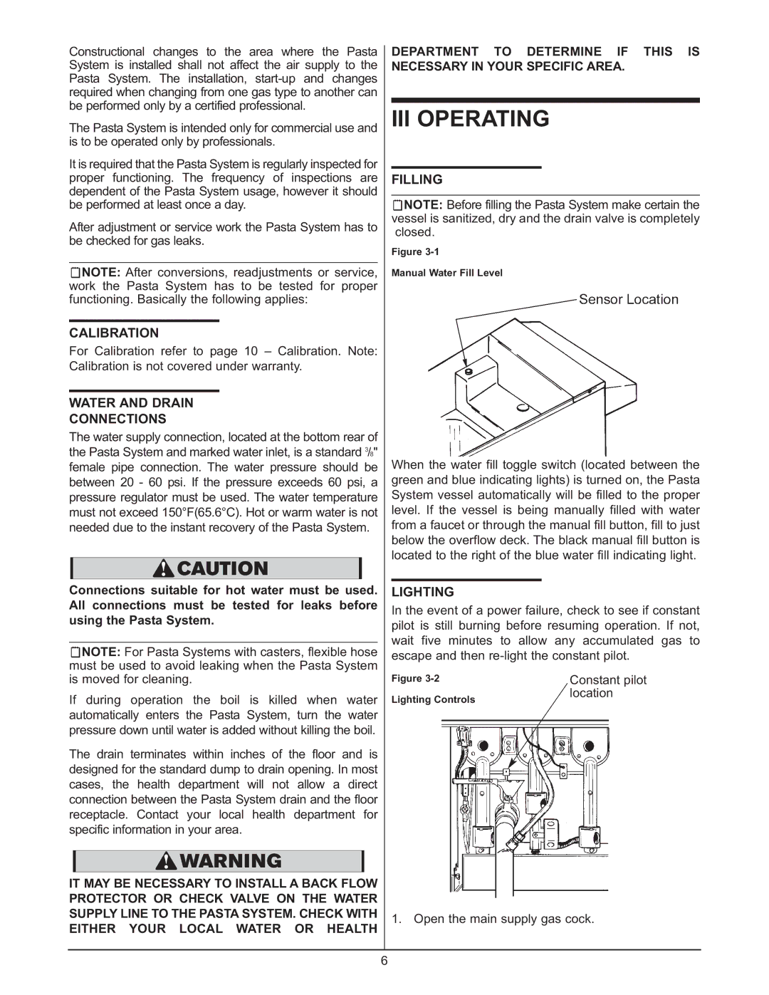 Keating Of Chicago 0107 service manual III Operating, Calibration, Water and Drain Connections, Filling, Lighting 