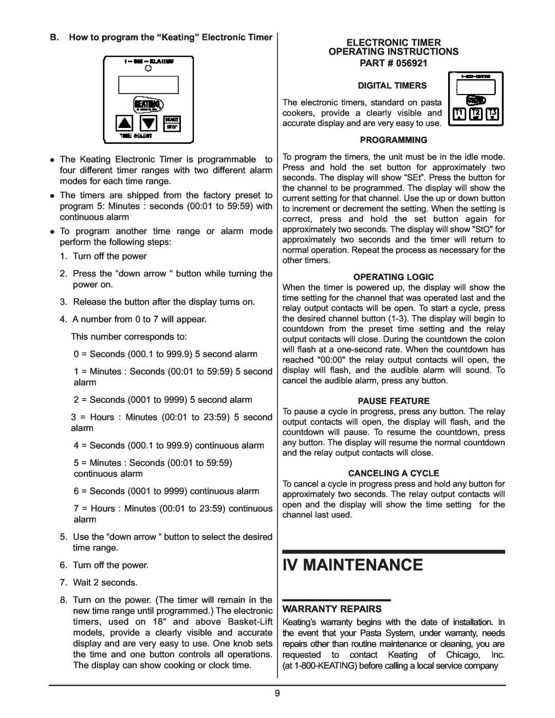 Keating Of Chicago 0107 service manual Iv Maintenance, Electronic Timer Operating Instructions Part #, Warranty Repairs 