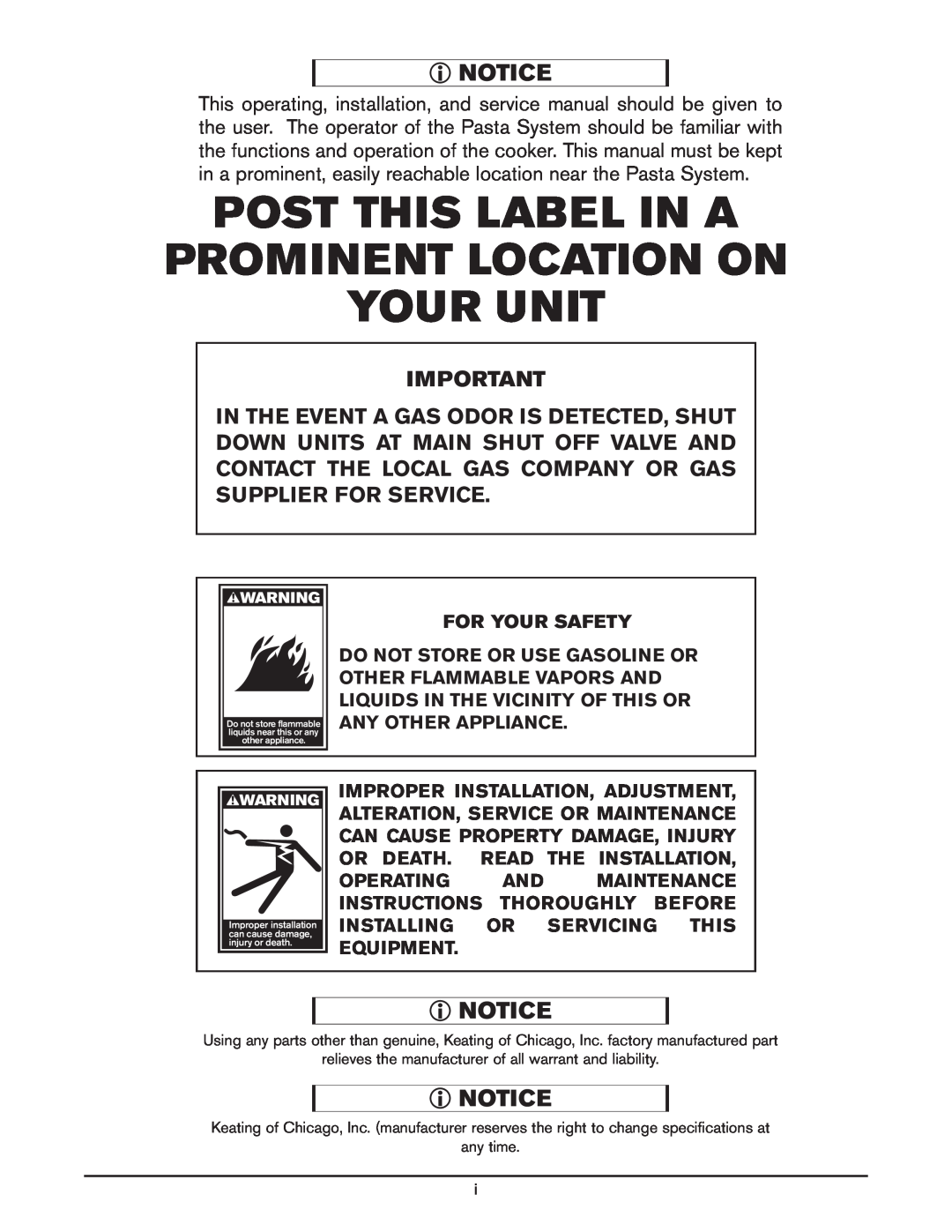Keating Of Chicago 0107 service manual Post This Label In A Prominent Location On, Your Unit 