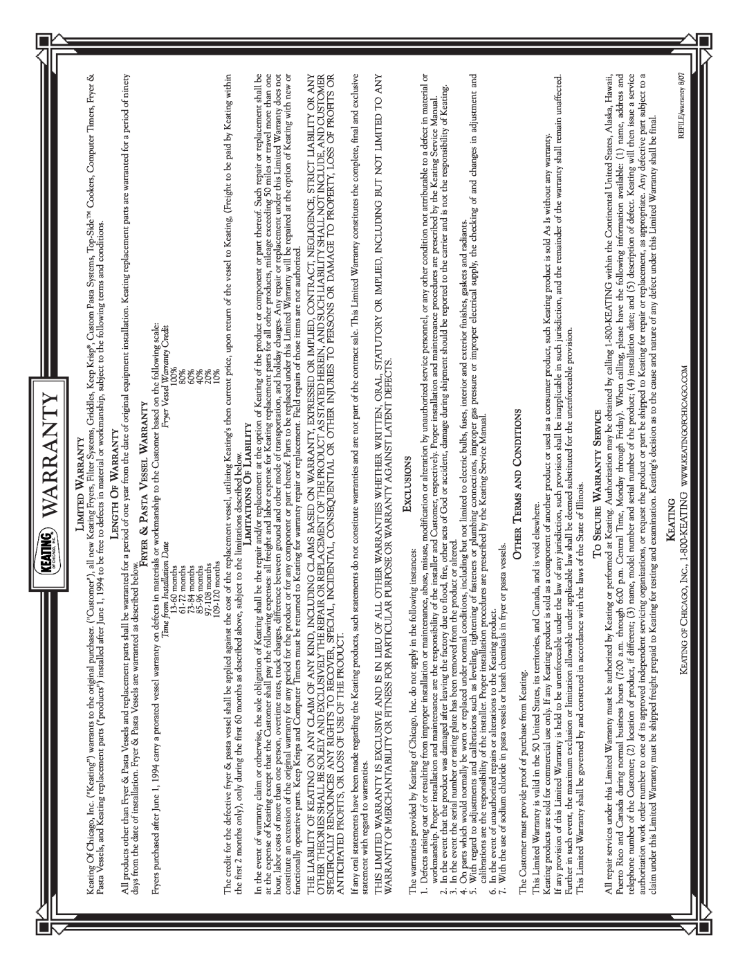 Keating Of Chicago 0107 service manual Warranty, Keating 
