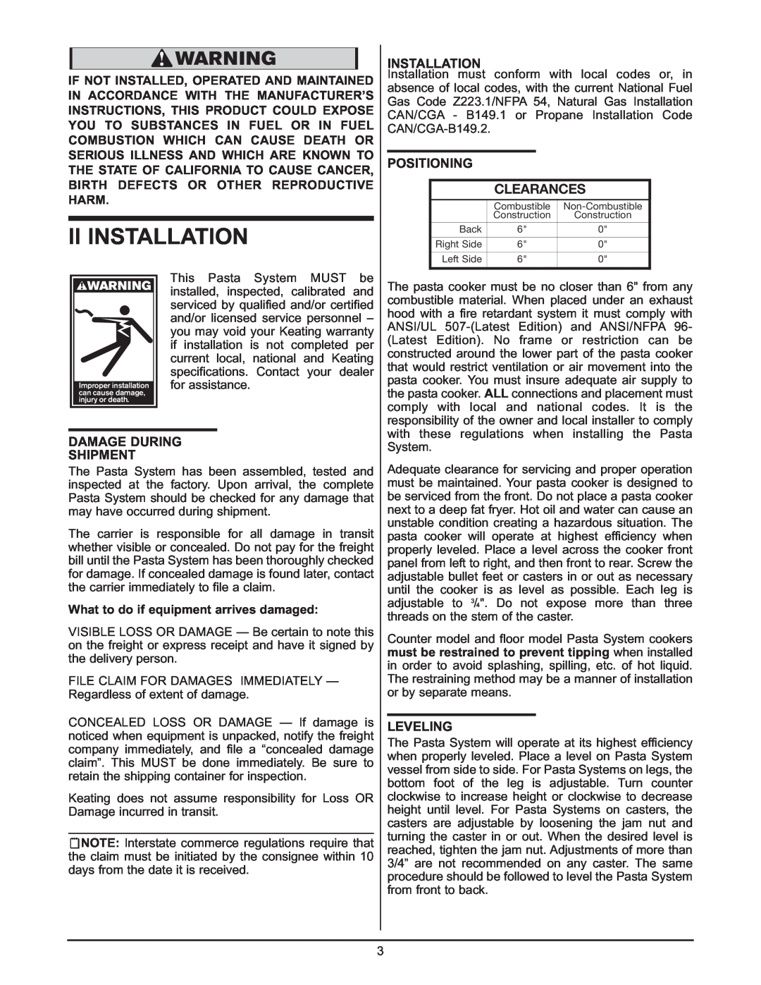 Keating Of Chicago 0107 service manual Ii Installation, Clearances, Positioning, Damage During Shipment, Leveling 