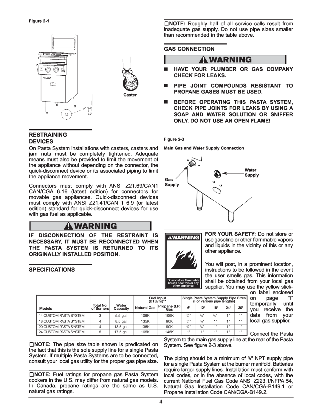Keating Of Chicago 0107 service manual Gas Connection, Restraining, Devices, Specifications 