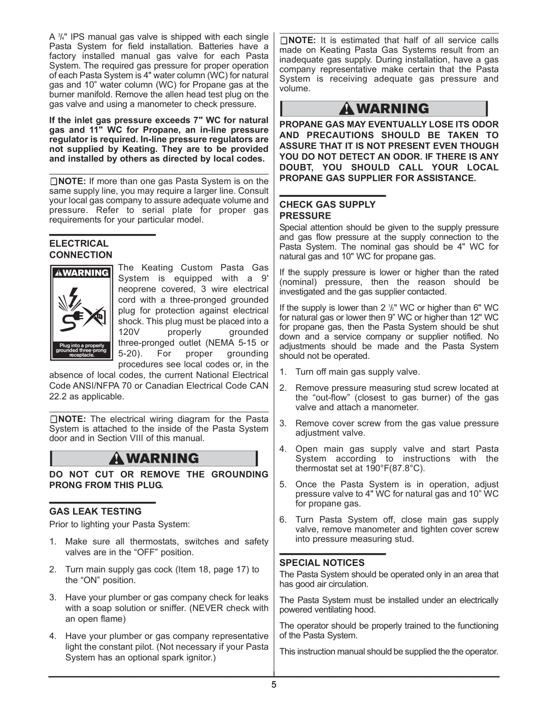 Keating Of Chicago 0107 service manual Gas Leak Testing, Check Gas Supply Pressure, Special Notices 