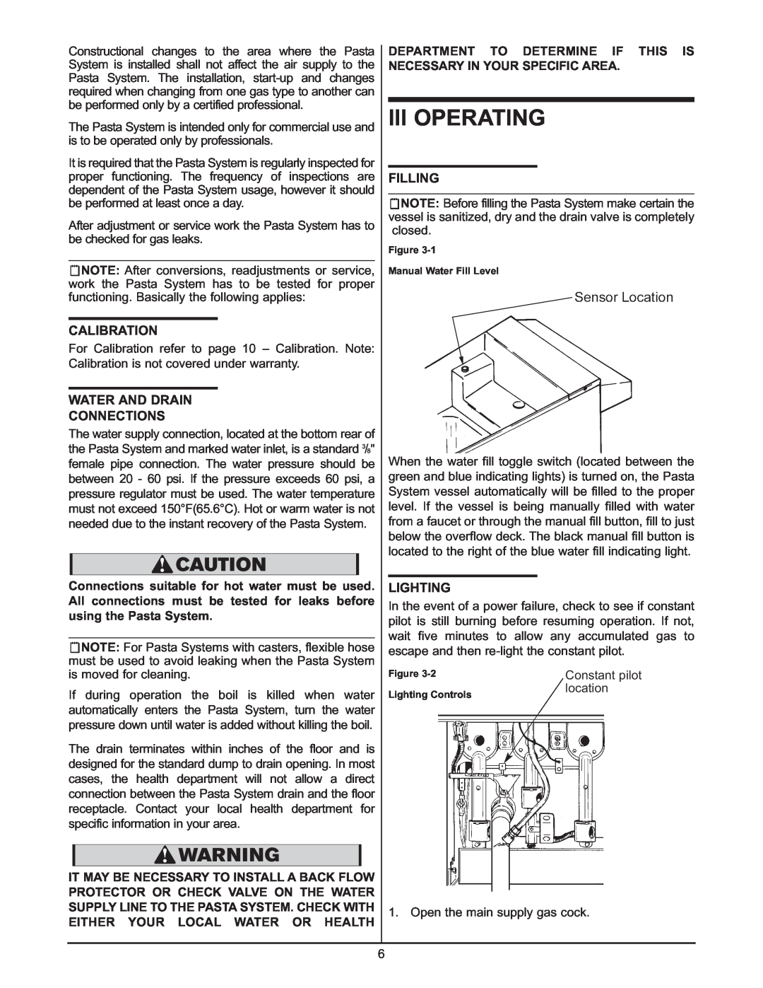 Keating Of Chicago 0107 service manual Iii Operating, Calibration, Water And Drain Connections, Filling, Lighting 