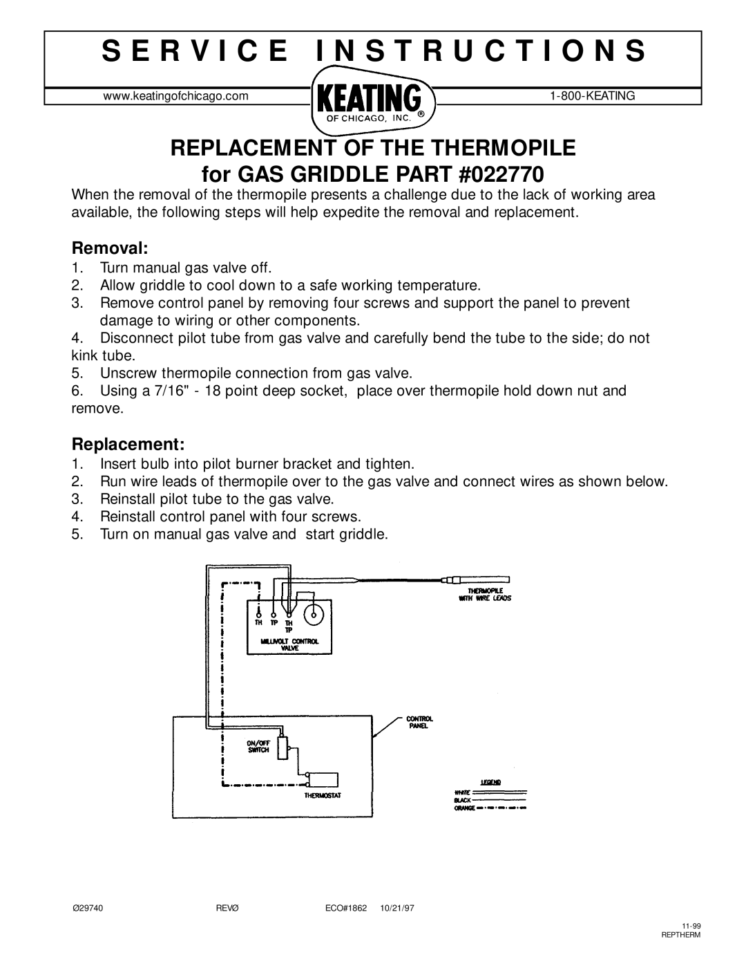 Keating Of Chicago 022770 manual R V I C E I N S T R U C T I O N S, Replacement of the Thermopile, For GAS Griddle 