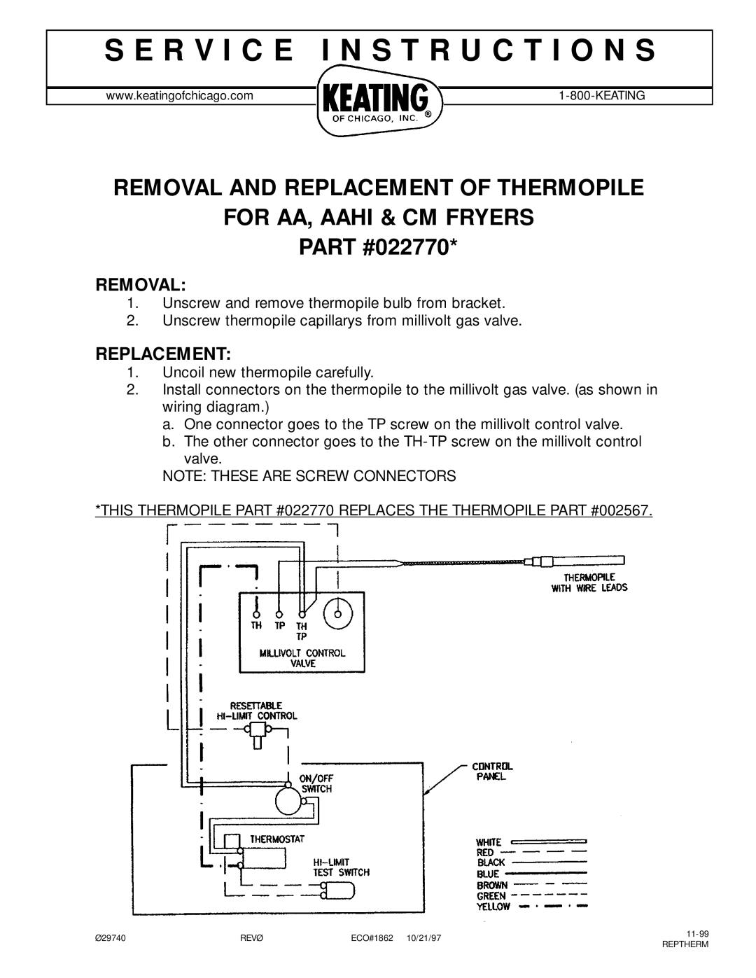 Keating Of Chicago 022770 manual Removal, Replacement 