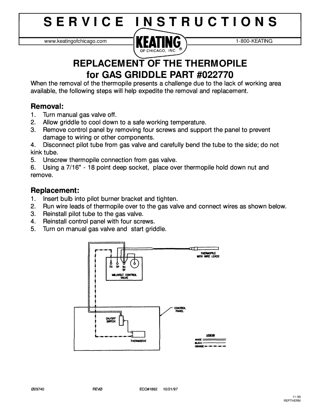 Keating Of Chicago 022770 manual S E R V I C E I N S T R U C T I O N S, Replacement Of The Thermopile, Removal 