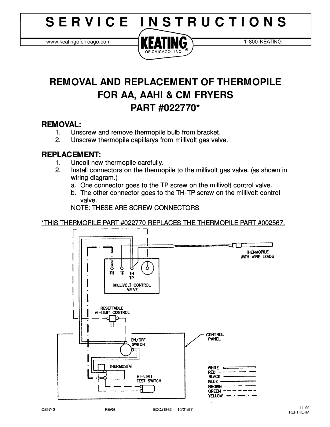 Keating Of Chicago manual Removal And Replacement Of Thermopile, FOR AA, AAHI & CM FRYERS PART #022770 