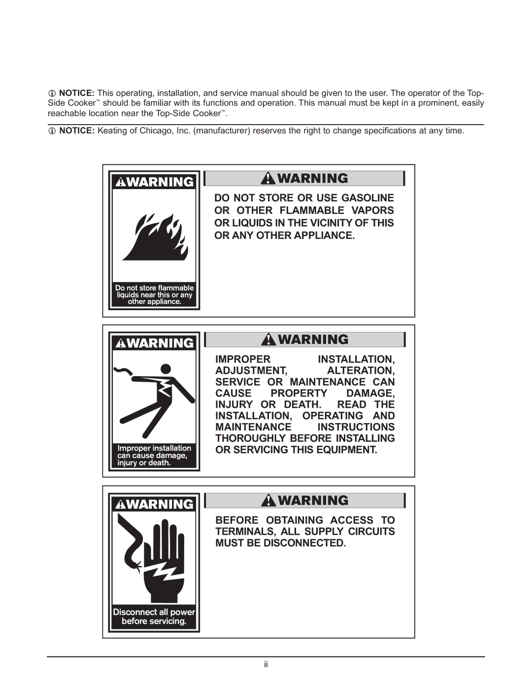 Keating Of Chicago 028951 service manual Disconnect all power Before servicing 