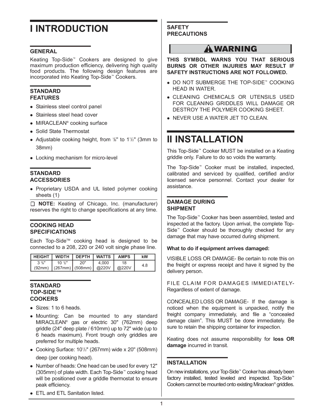 Keating Of Chicago 028951 service manual Introduction, II Installation 