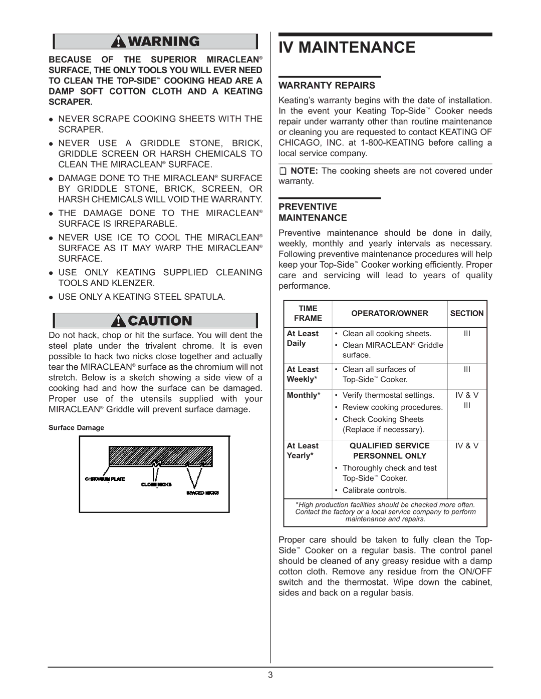 Keating Of Chicago 028951 service manual IV Maintenance, Warranty Repairs, Preventive Maintenance 