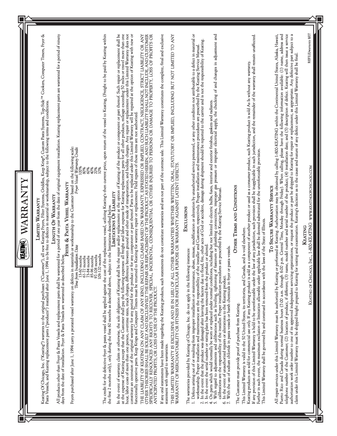 Keating Of Chicago 028951 service manual Warranty, The Customer must provide proof of purchase from Keating 