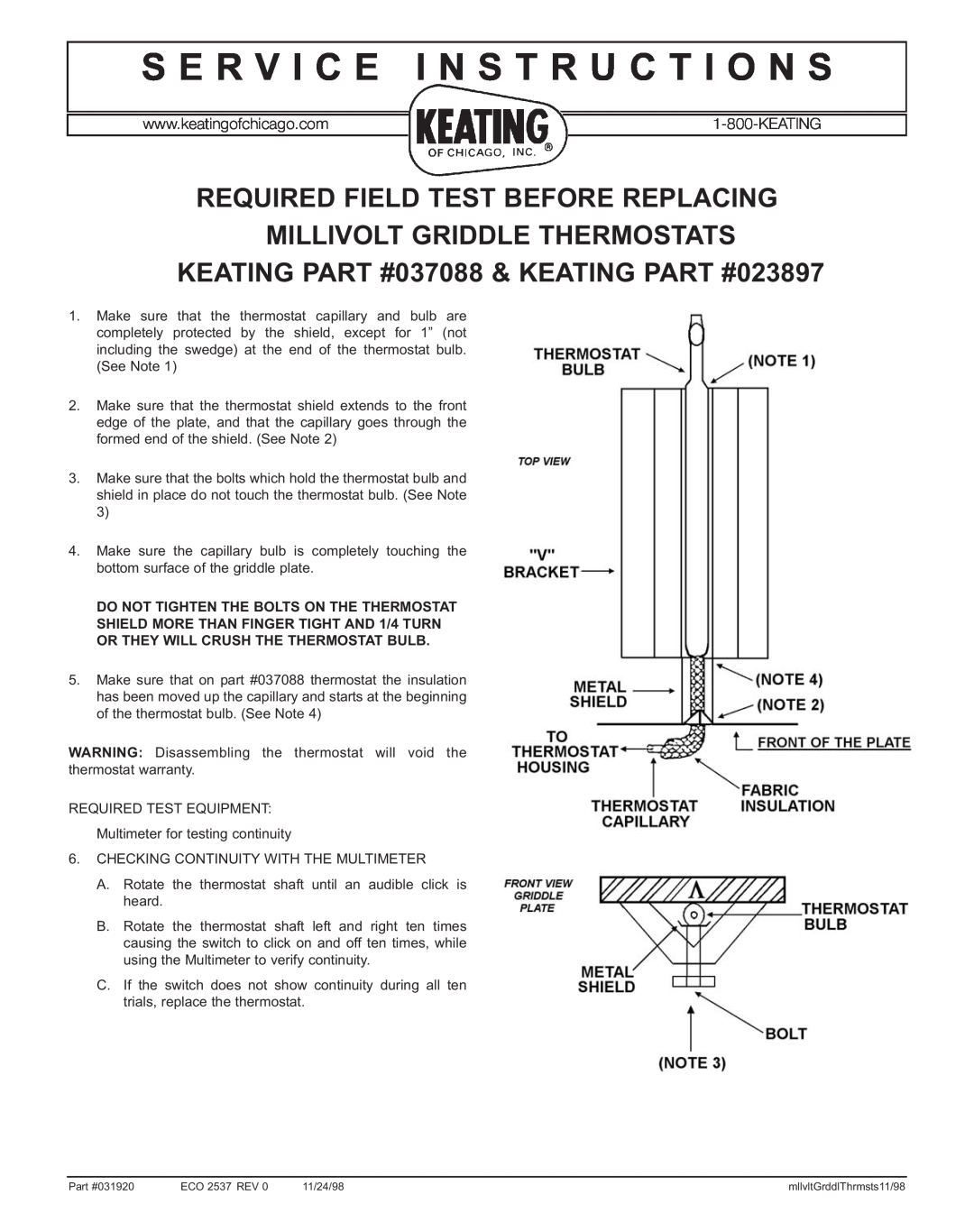 Keating Of Chicago 031920, 037088 warranty S E R V I C E I N S T R U C T I O N S, Required Field Test Before Replacing 