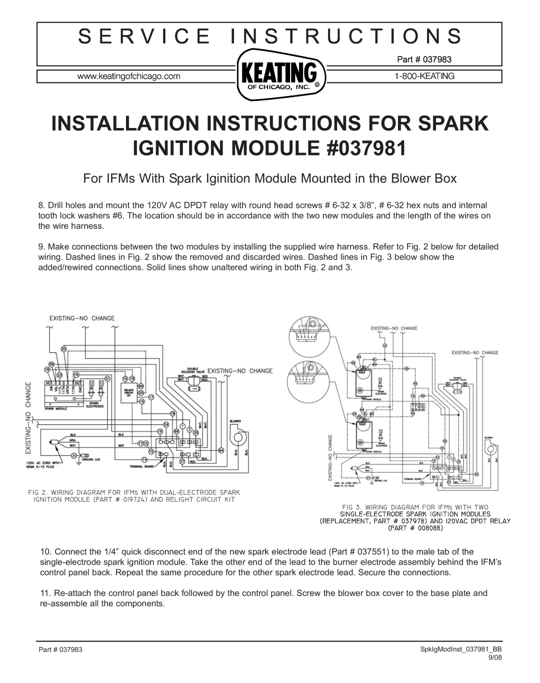 Keating Of Chicago 037981 S E R V I C E I N S T R U C T I O N S, Installation Instructions For Spark 