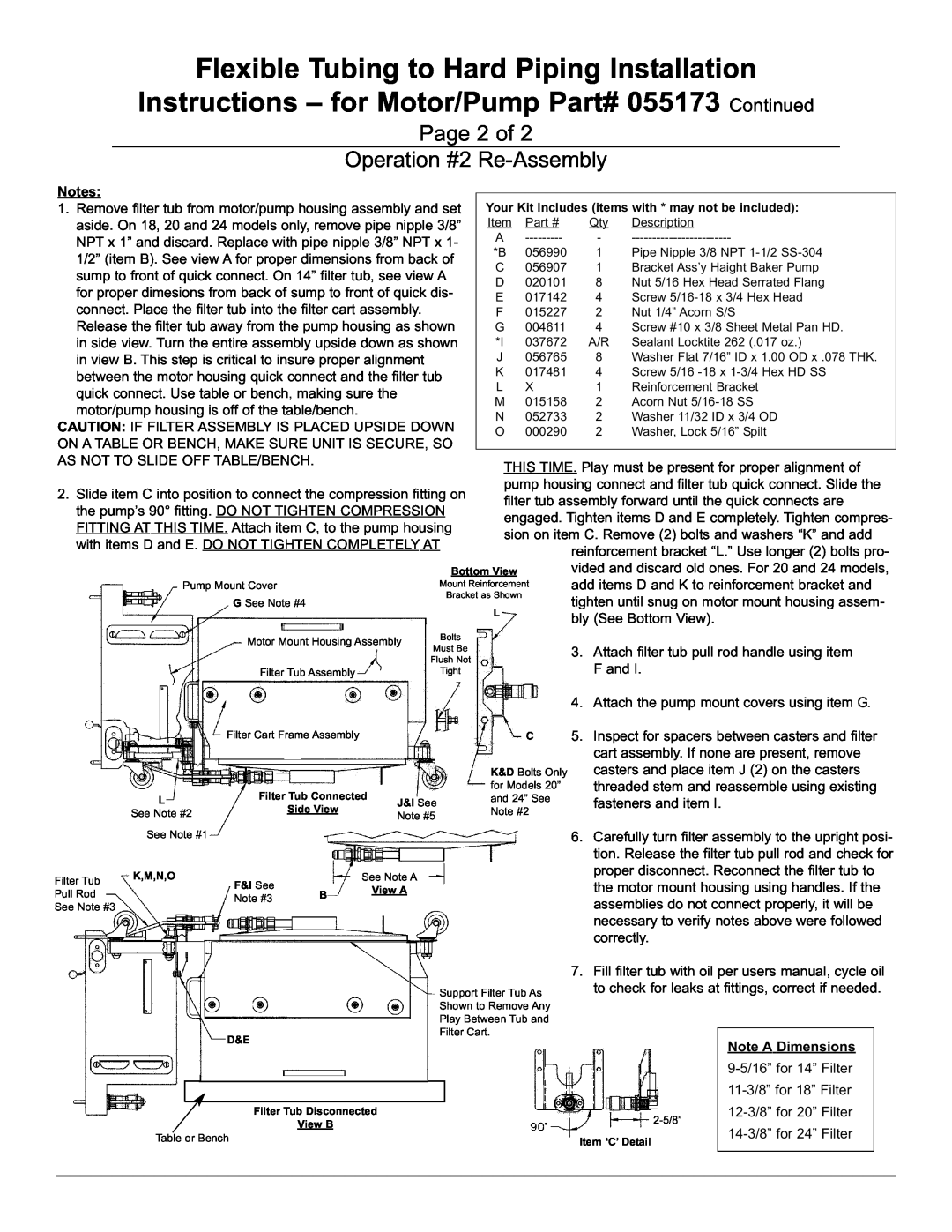 Keating Of Chicago 055173 installation instructions Page 2 of Operation #2 Re-Assembly, Note A Dimensions 