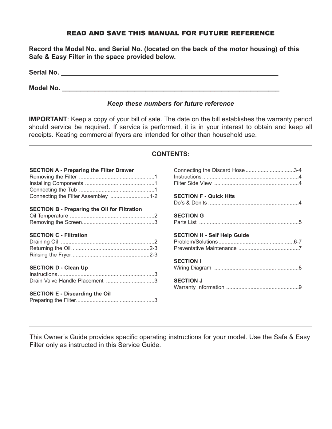 Keating Of Chicago 1-800 owner manual Read and Save this Manual for Future Reference, Contents 