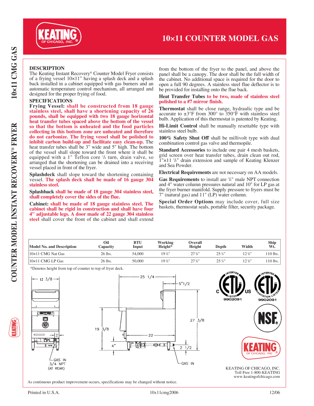 Keating Of Chicago 1011 manual Model Instant Recovery Fryer, Counter, Description, Specifications 