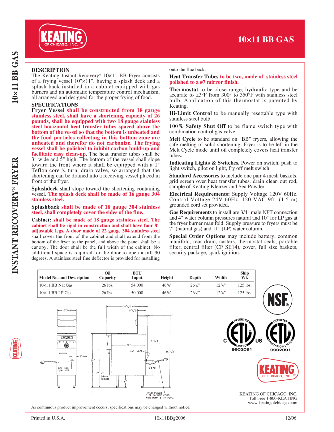 Keating Of Chicago 10x11 BB Gas manual Description, Specifications 