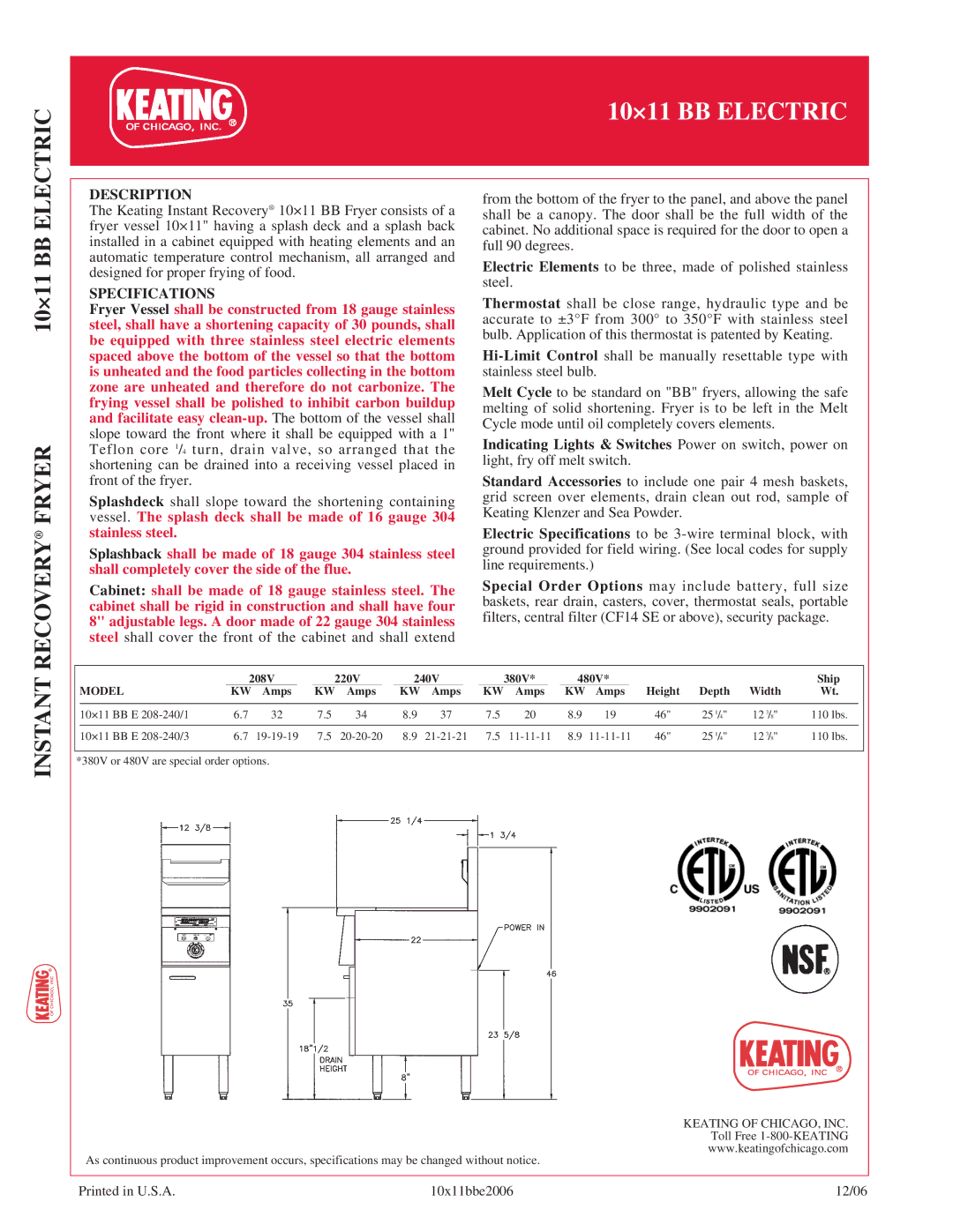 Keating Of Chicago 10x11 BB manual Electric, Recovery Fryer, Instant, Description, Specifications 