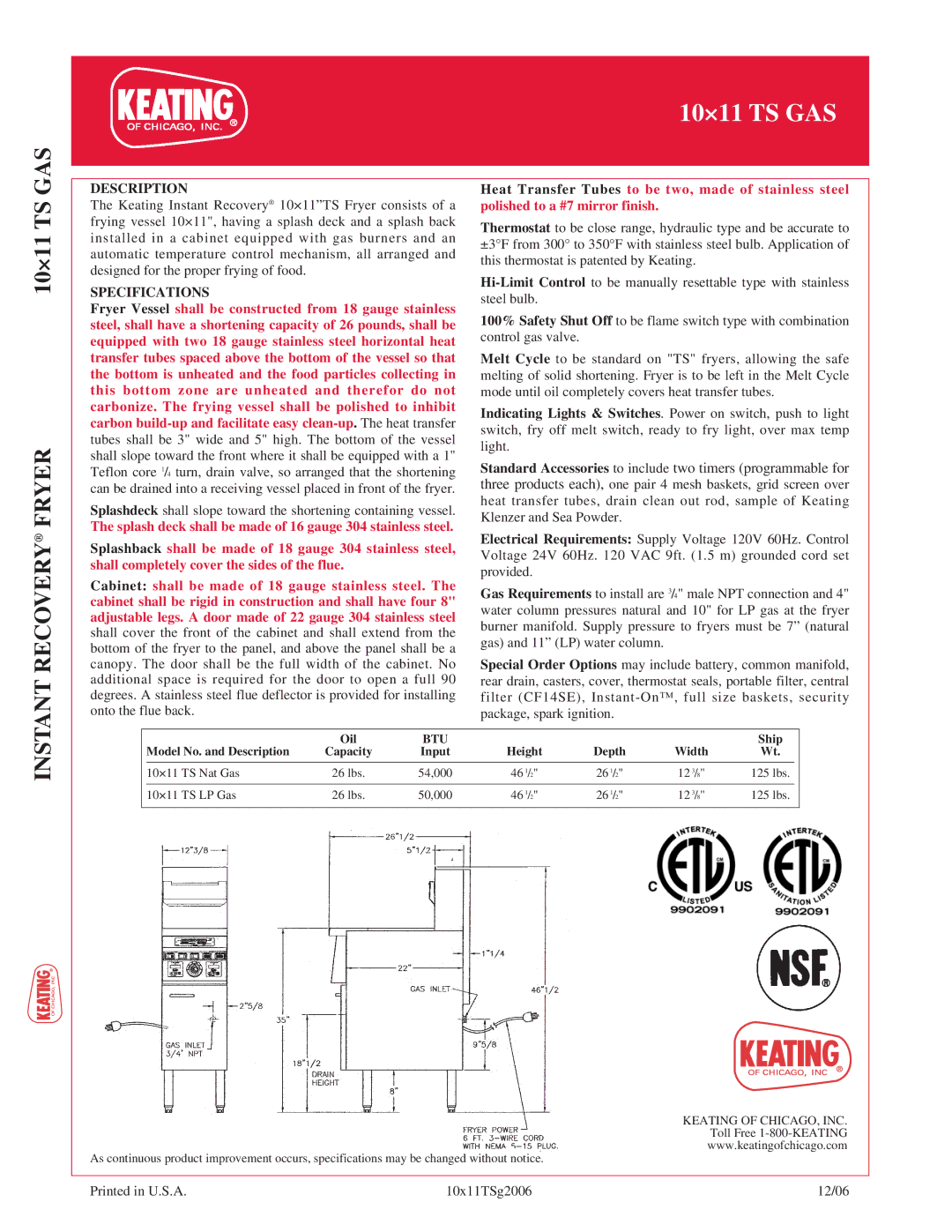 Keating Of Chicago 10x11 TS Gas manual Description, Specifications 