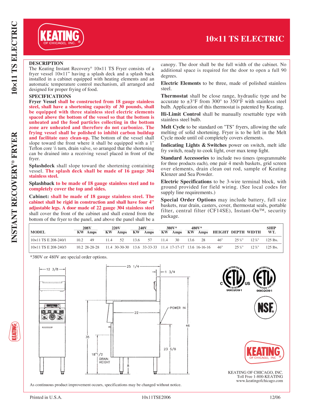 Keating Of Chicago 10x11 TS manual Electric, Recovery Fryer, Description, Specifications, Instant 