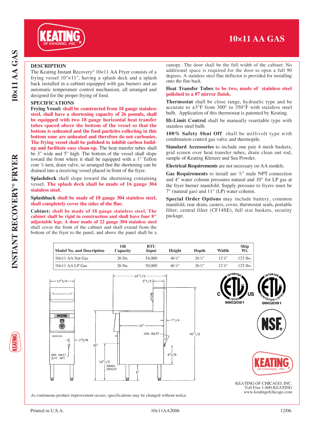 Keating Of Chicago 10x11AA Gas manual Description, Specifications 