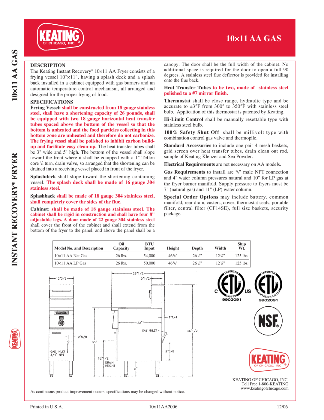 Keating Of Chicago 10x11AA Gas manual 10×11 AA GAS RECOVERY FRYER, Description, Specifications, Instant 