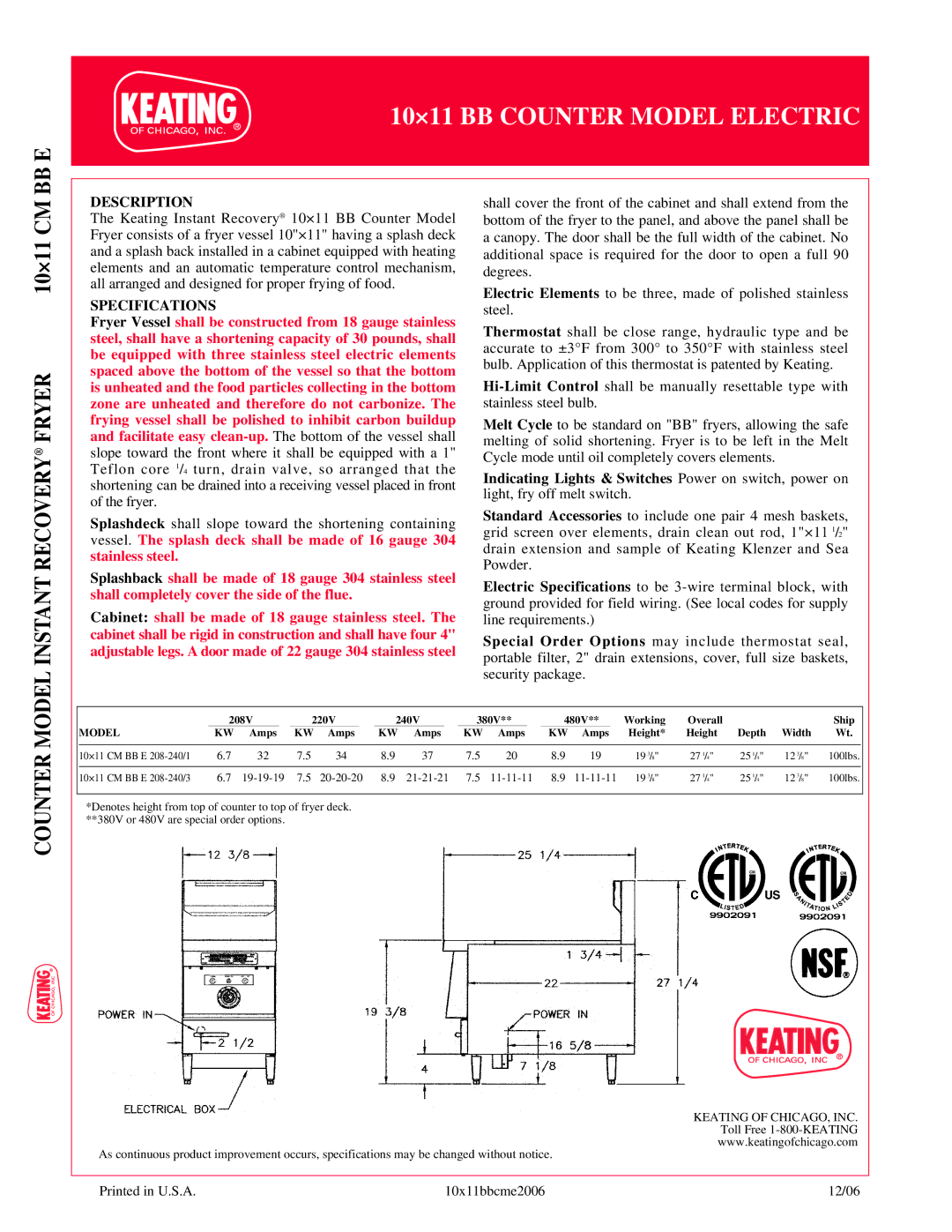 Keating Of Chicago 10x11CM BB E manual Description, Specifications 