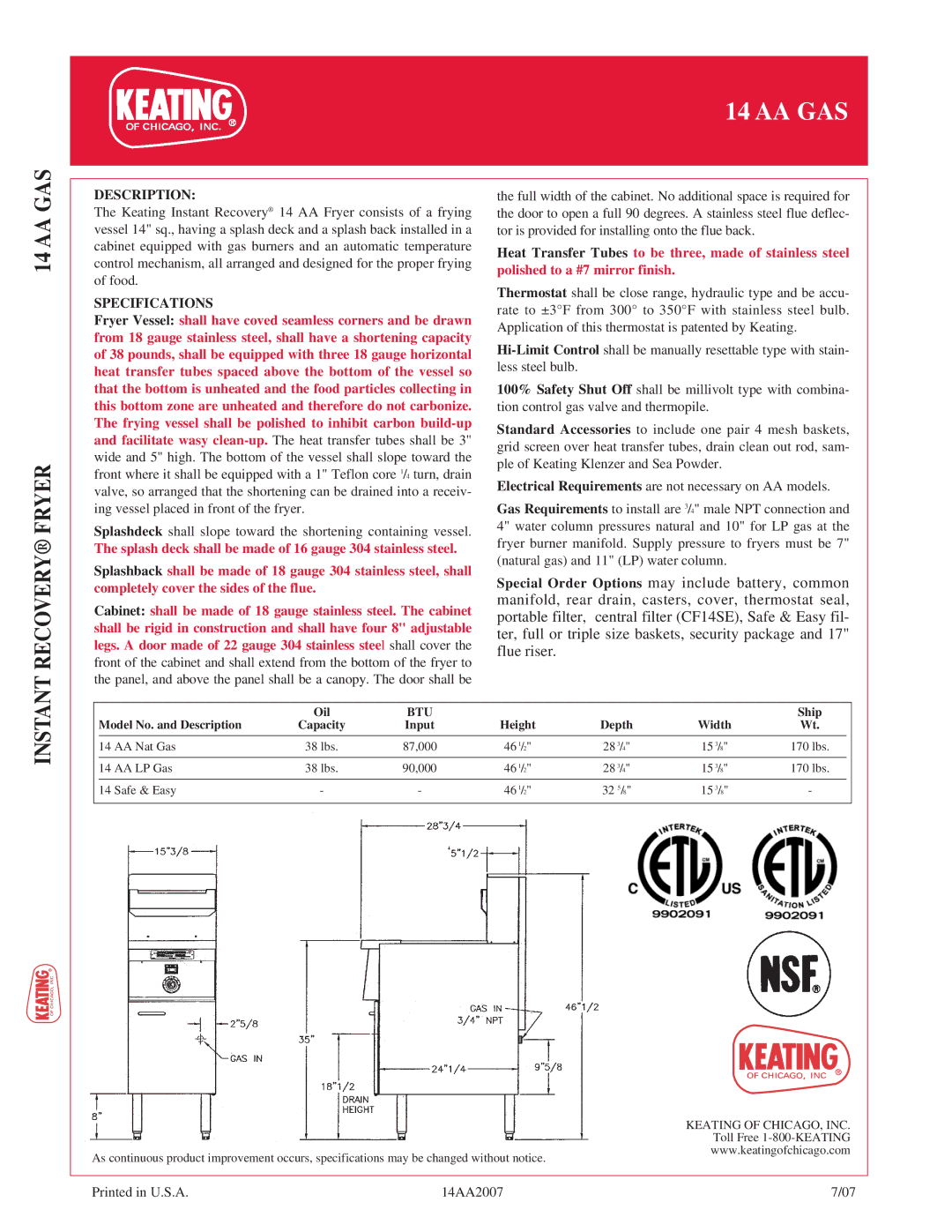 Keating Of Chicago 14 AA Gas manual Description, Specifications 