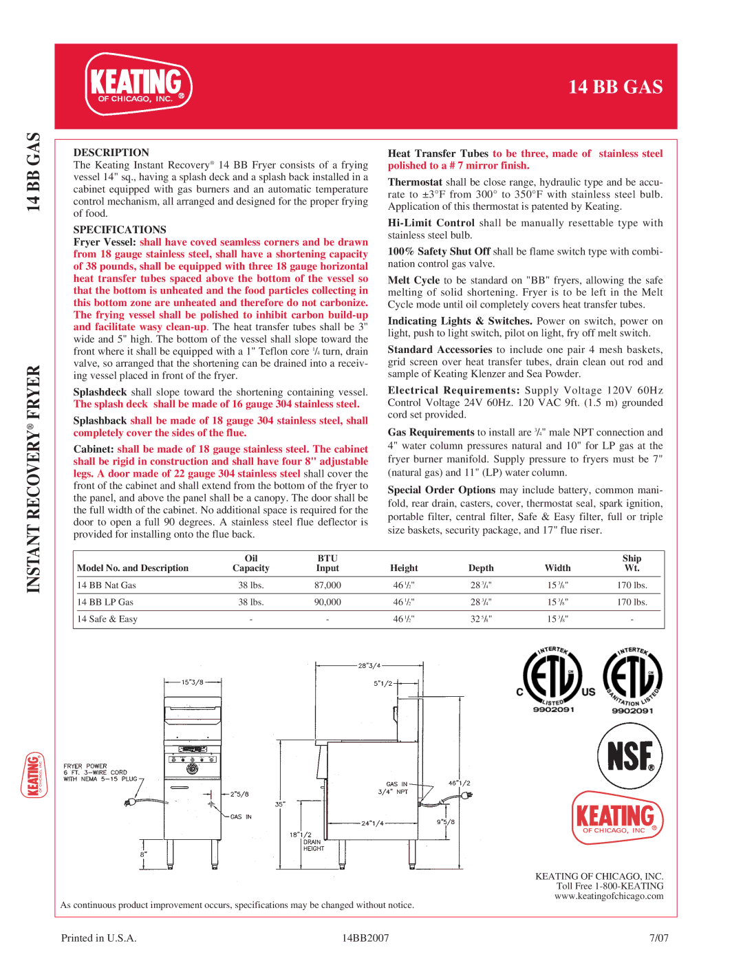 Keating Of Chicago 14 BB Gas manual Description, Specifications, Instant 