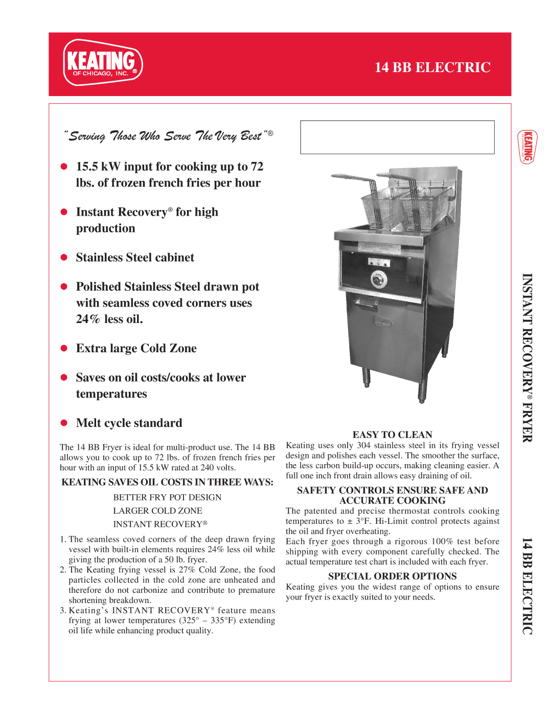 Keating Of Chicago 14 BB manual Instant Recovery Fryer BB Electric, Easy to Clean, Special Order Options 