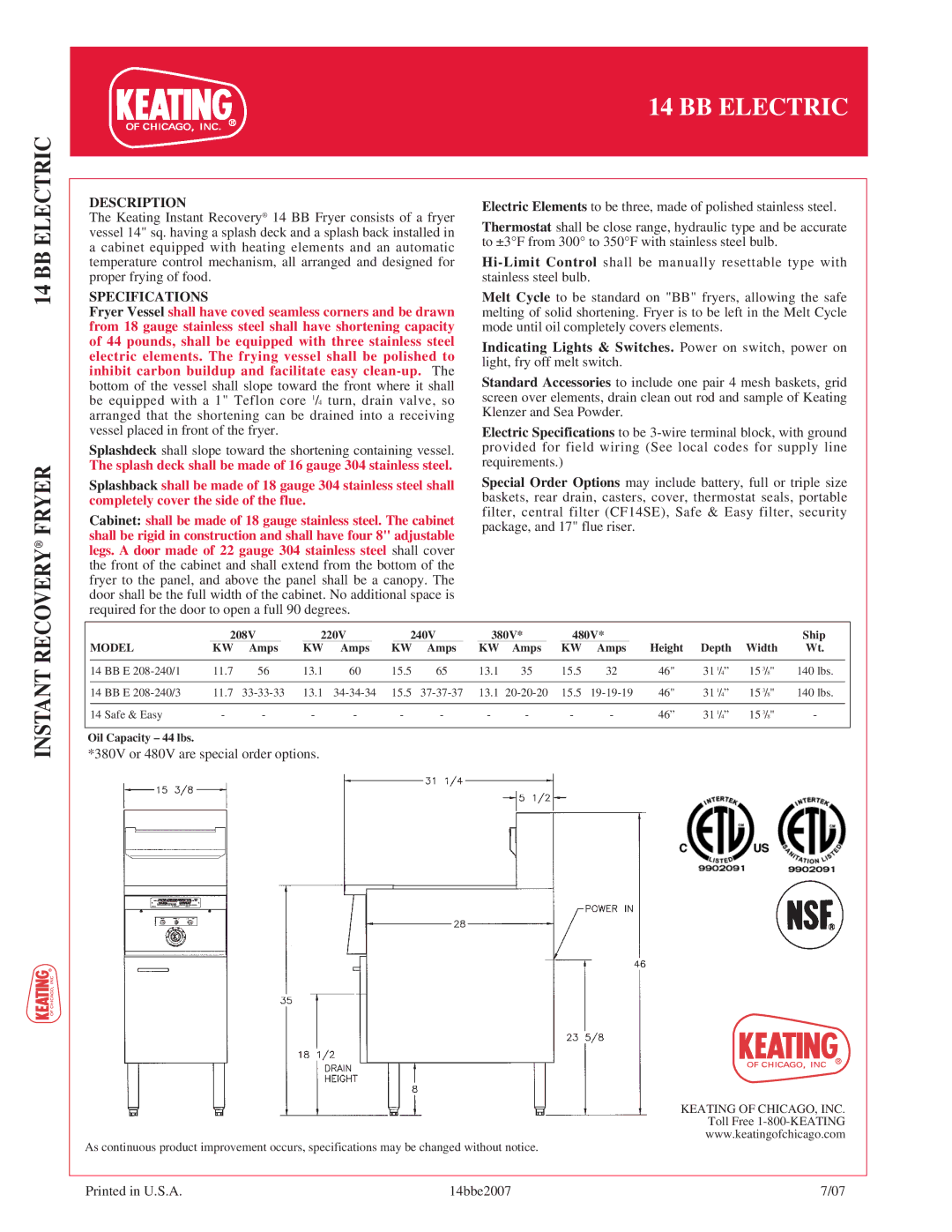 Keating Of Chicago 14 BB manual BB Electric Recovery Fryer, Instant, Description, Specifications 