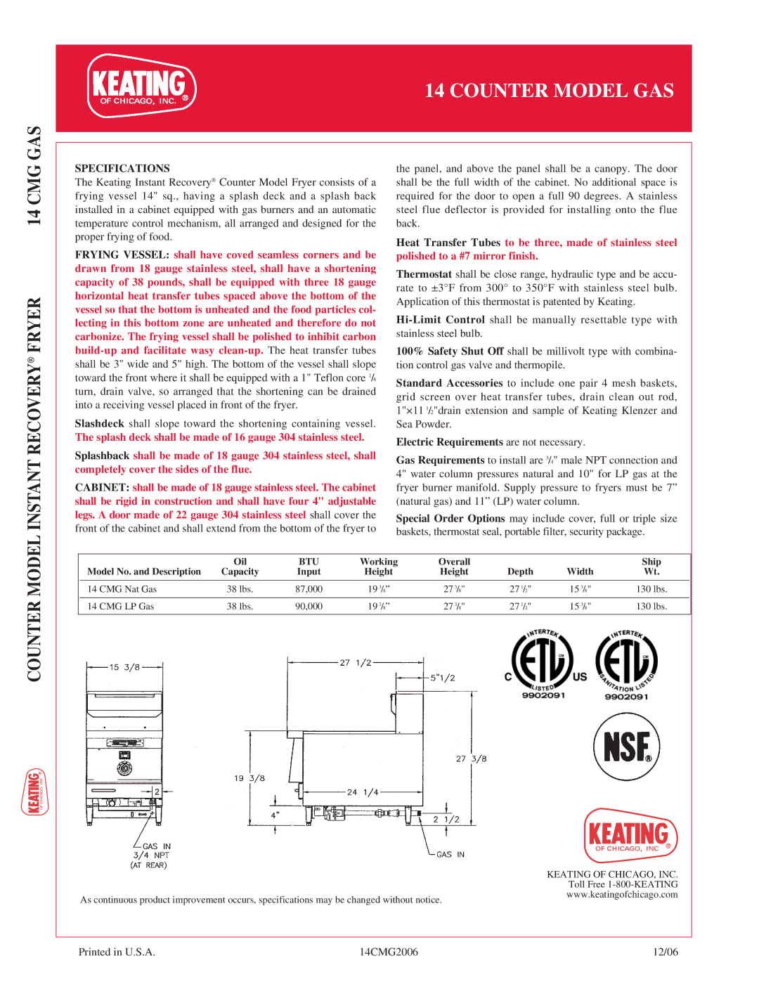 Keating Of Chicago 14 Counter manual CMG GAS Instant Recovery Fryer 