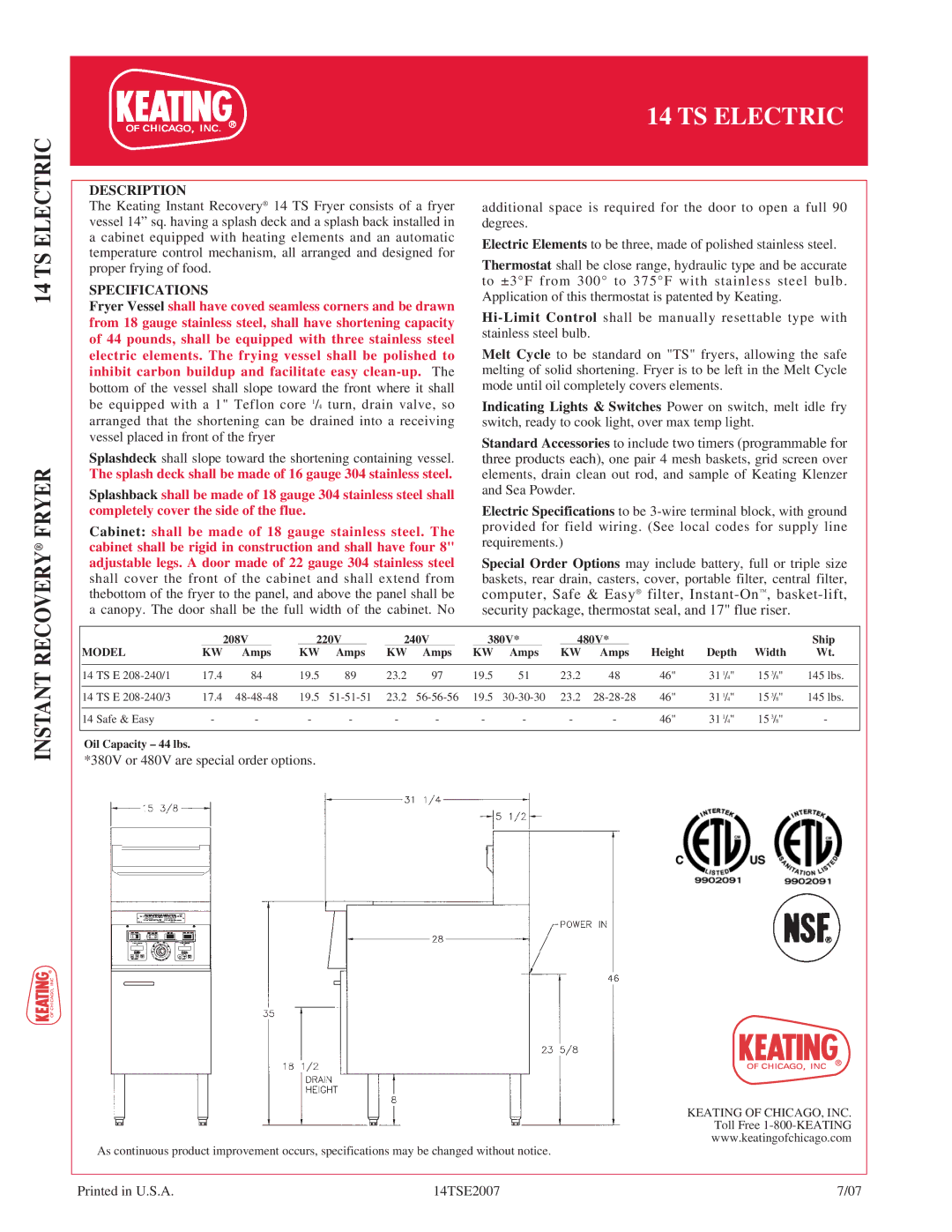 Keating Of Chicago 14 TS Electric manual TS Electric Recovery Fryer, Instant, Description, Specifications 