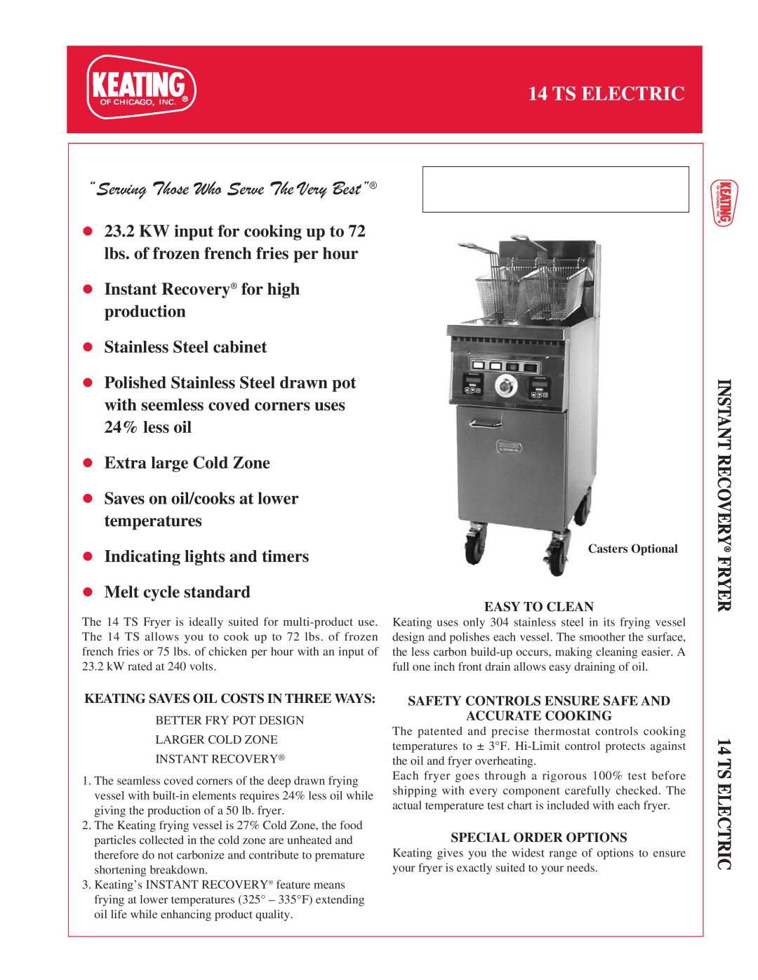 Keating Of Chicago 14 TS Electric manual Ts Electric, INSTANT RECOVERY FRYER 14 TS ELECTRIC, Stainless Steel cabinet 