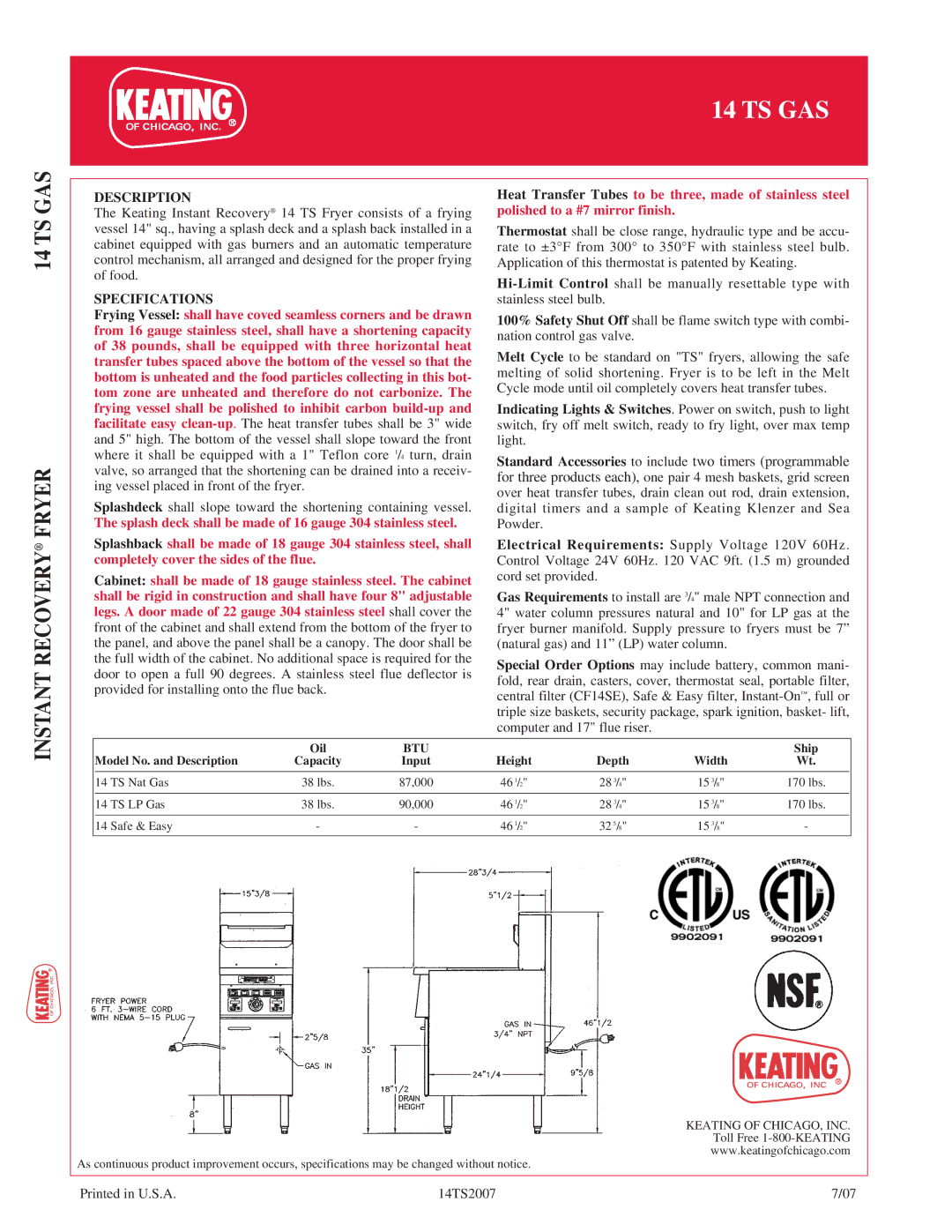 Keating Of Chicago 14 TS Gas manual Description, Specifications 