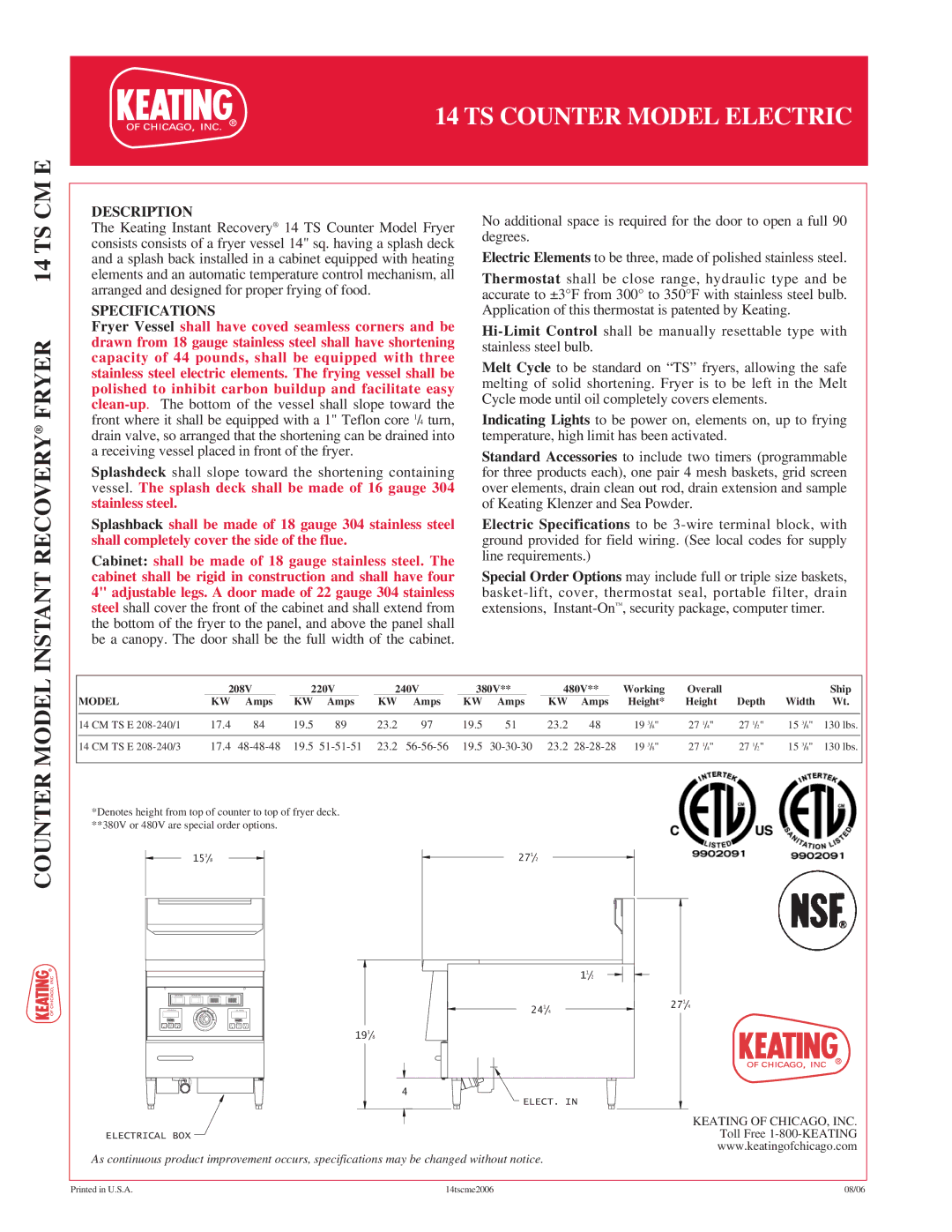 Keating Of Chicago manual Instant Recovery Fryer 14 TS CM E, Model, Counter, Description, Specifications 