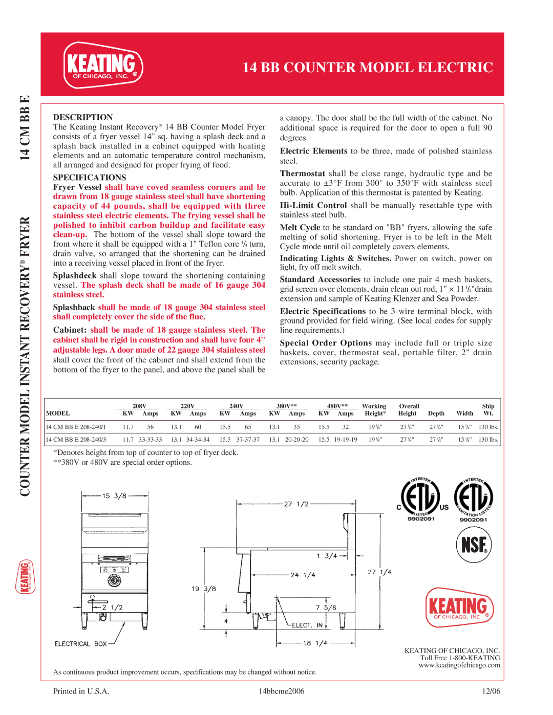 Keating Of Chicago 14CMBBE manual Fryer, Counter Model, Description, Specifications 