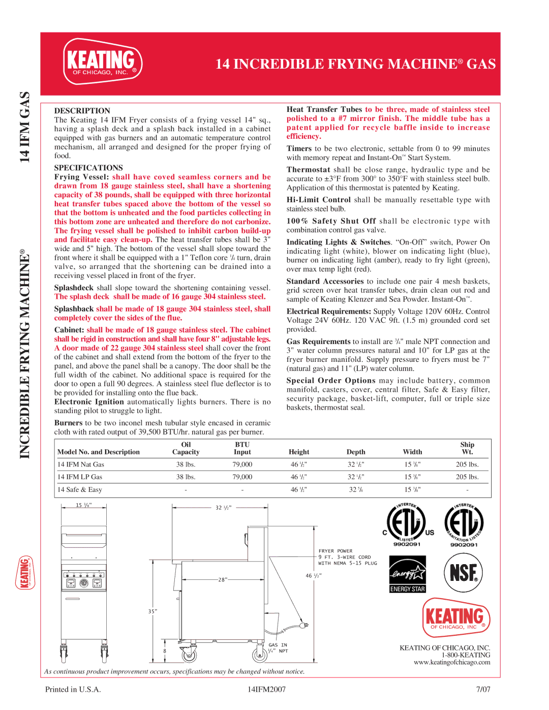 Keating Of Chicago 14IFM manual Description, Specifications 