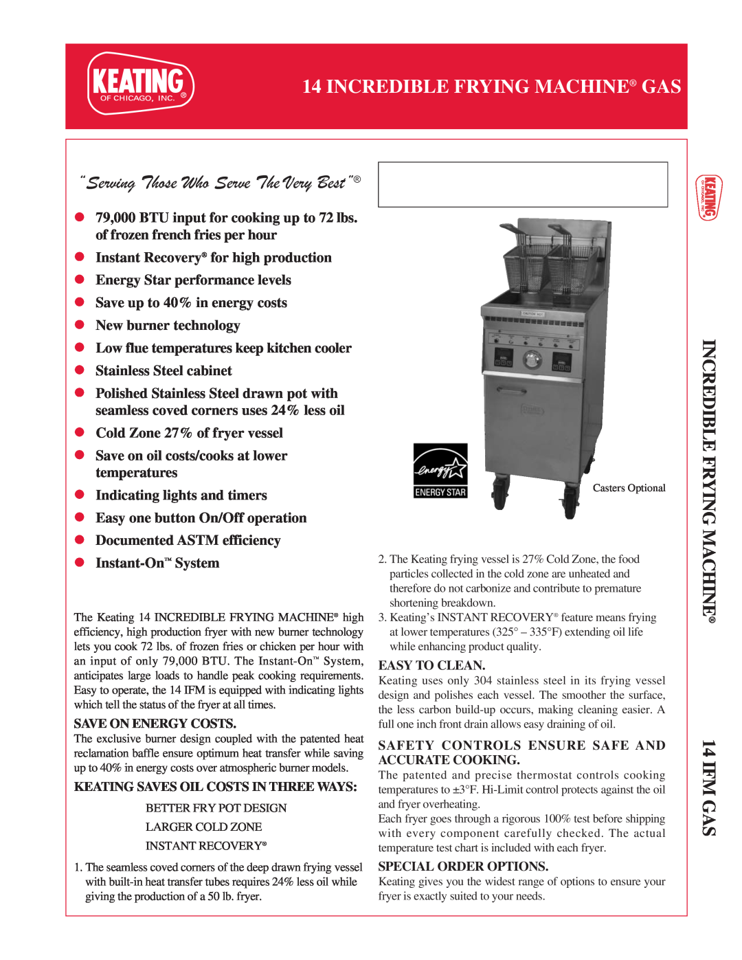 Keating Of Chicago 14IFM manual Incredible Frying Machine Gas, INCREDIBLE FRYING MACHINE 14 IFM GAS 