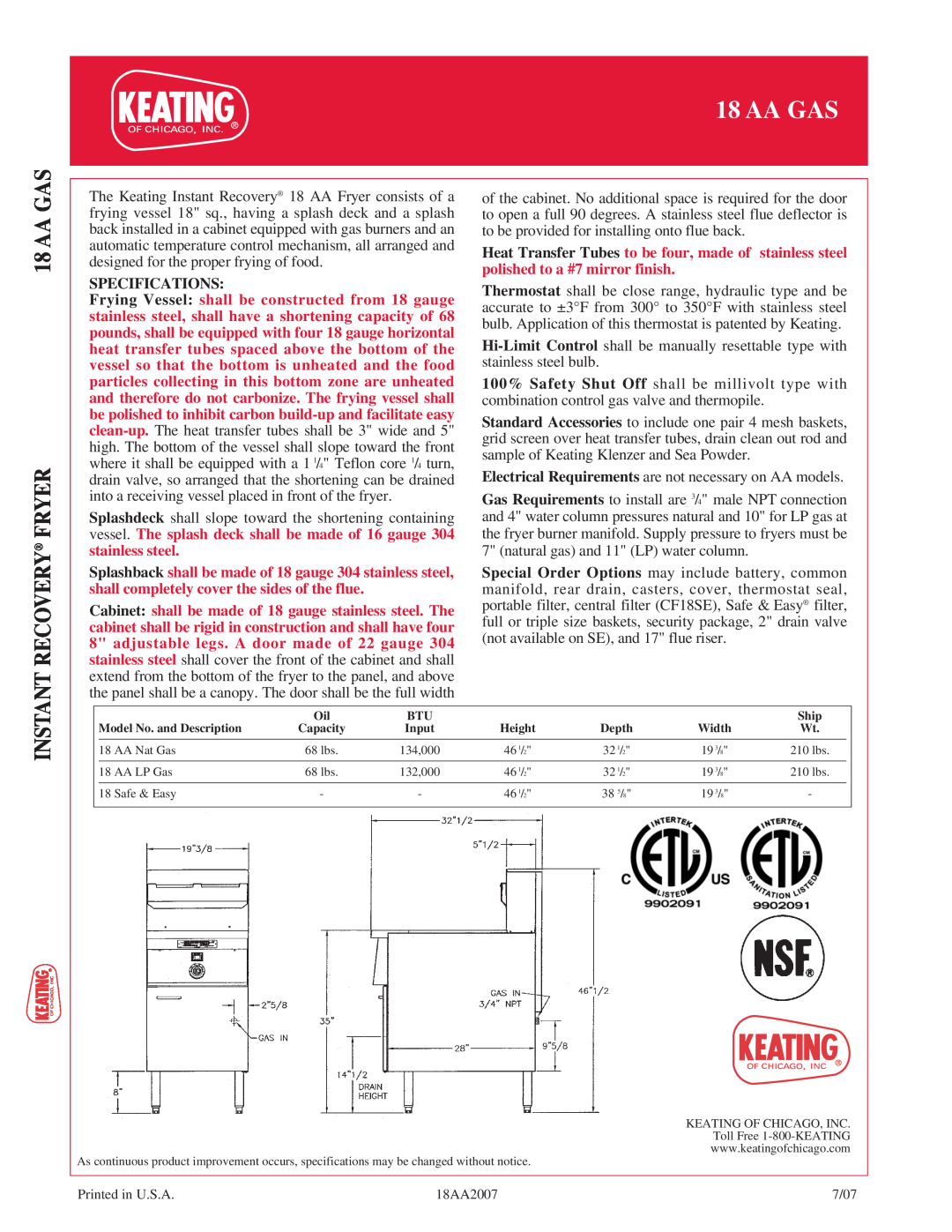 Keating Of Chicago 18 AA Gas manual Aa Gas Recovery Fryer, Specifications 