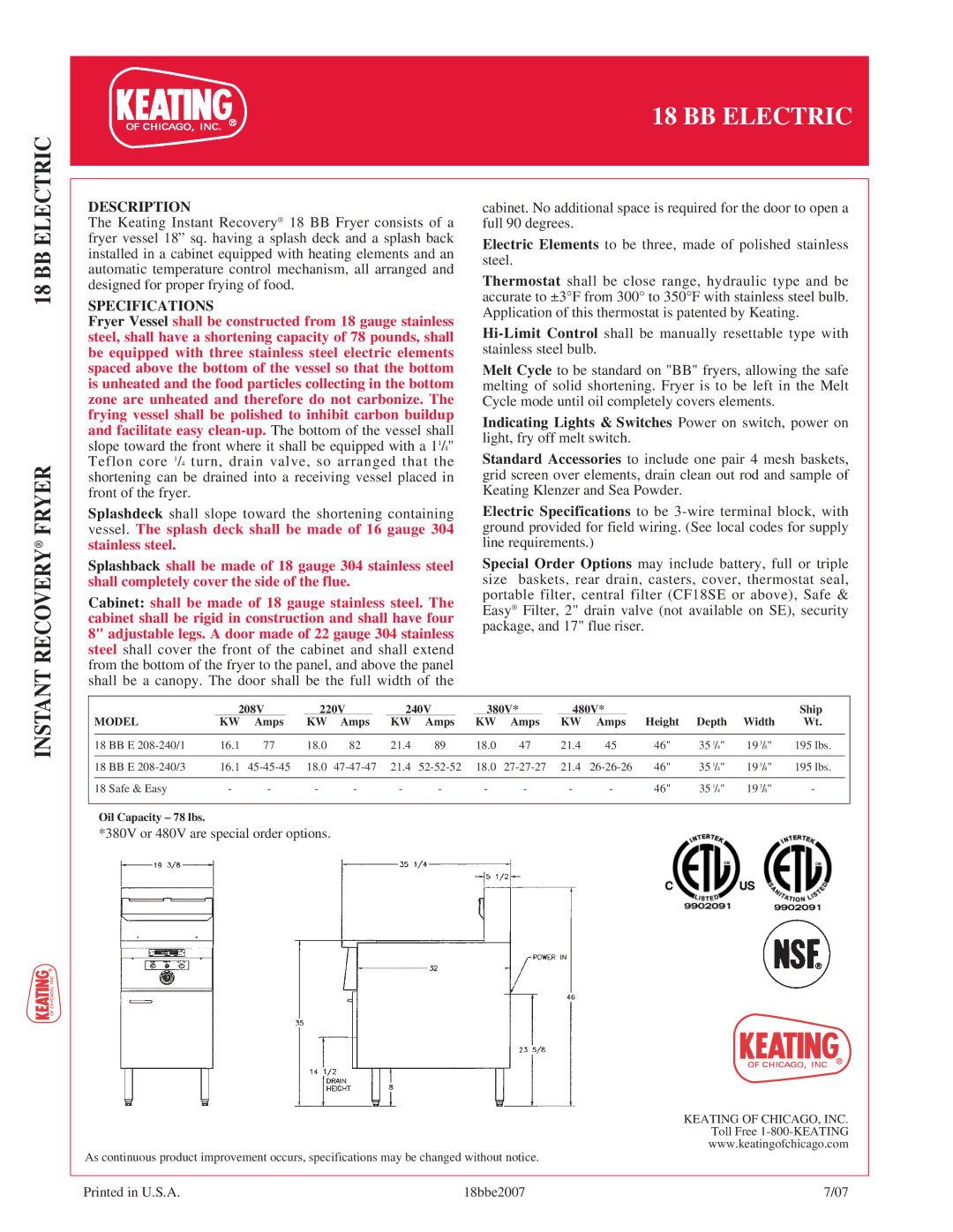 Keating Of Chicago 18 BB Electric manual Description, Specifications, Instant 