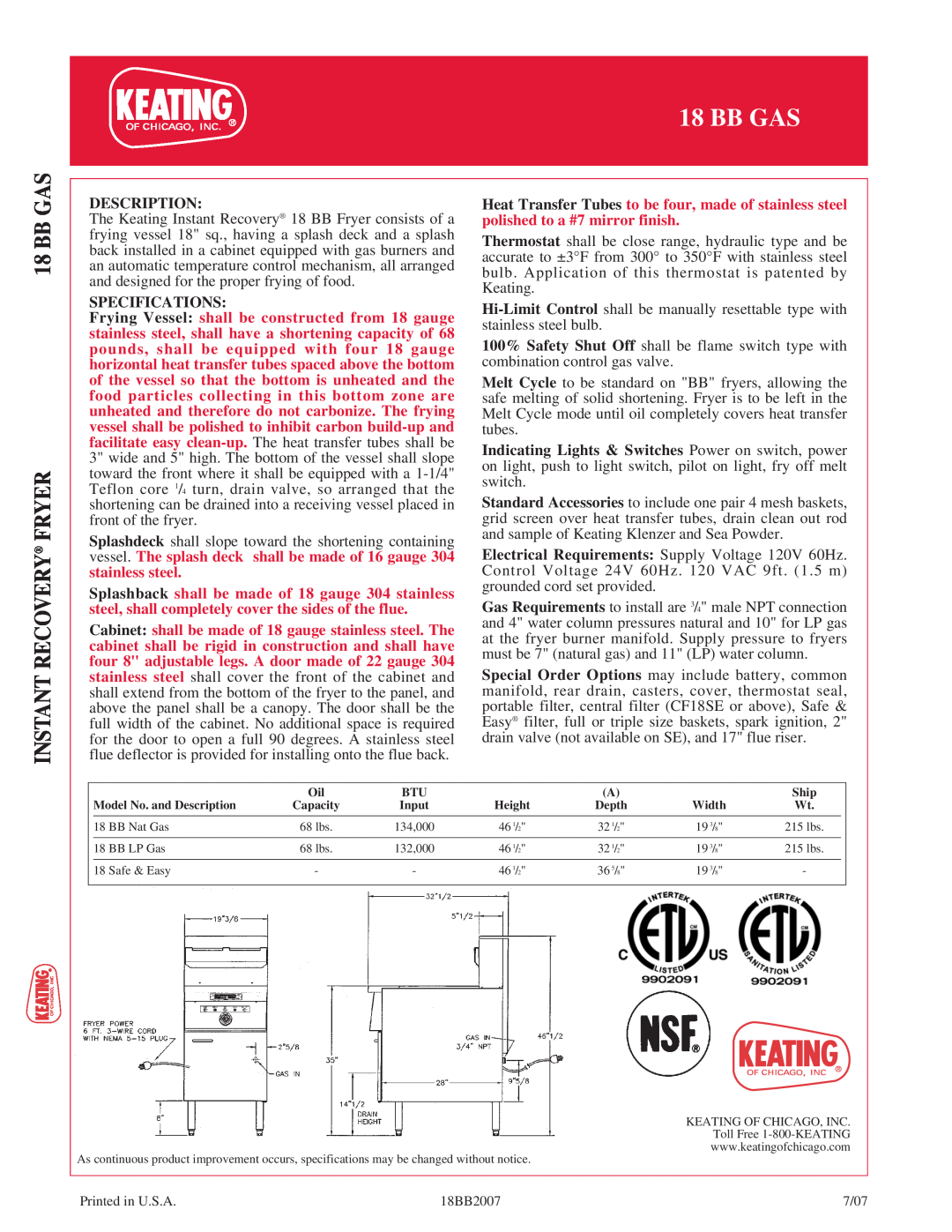 Keating Of Chicago 18 BB GAS manual Bb Gas Instant Recovery Fryer, Description, Specifications 