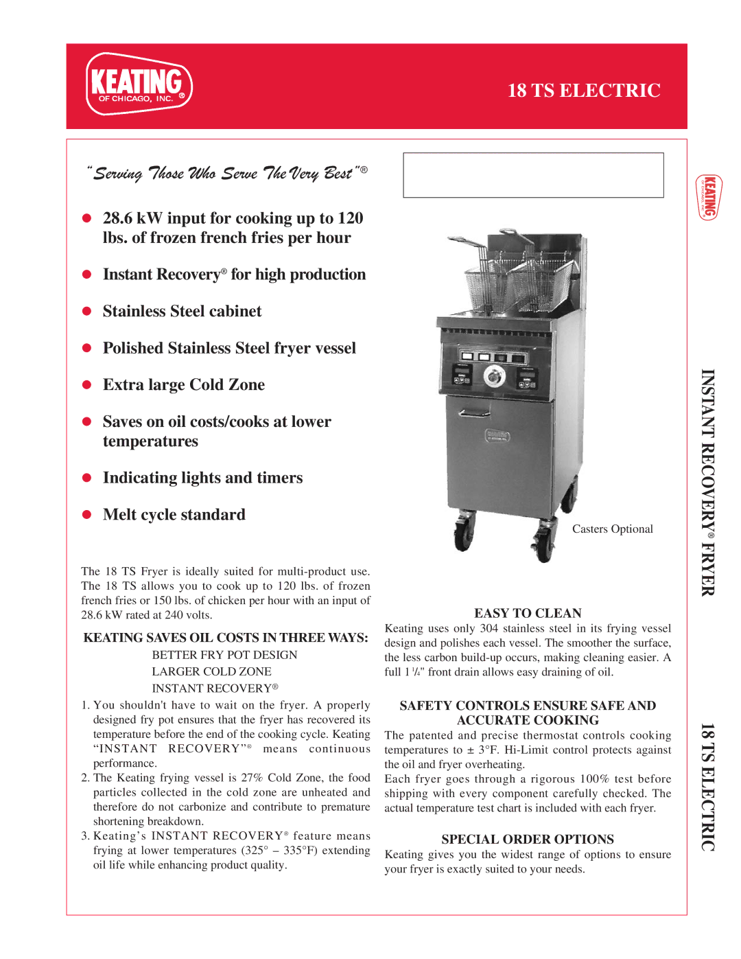 Keating Of Chicago 18 TS Electric manual Instant Recovery, Fryer TS Electric, Easy to Clean, Special Order Options 