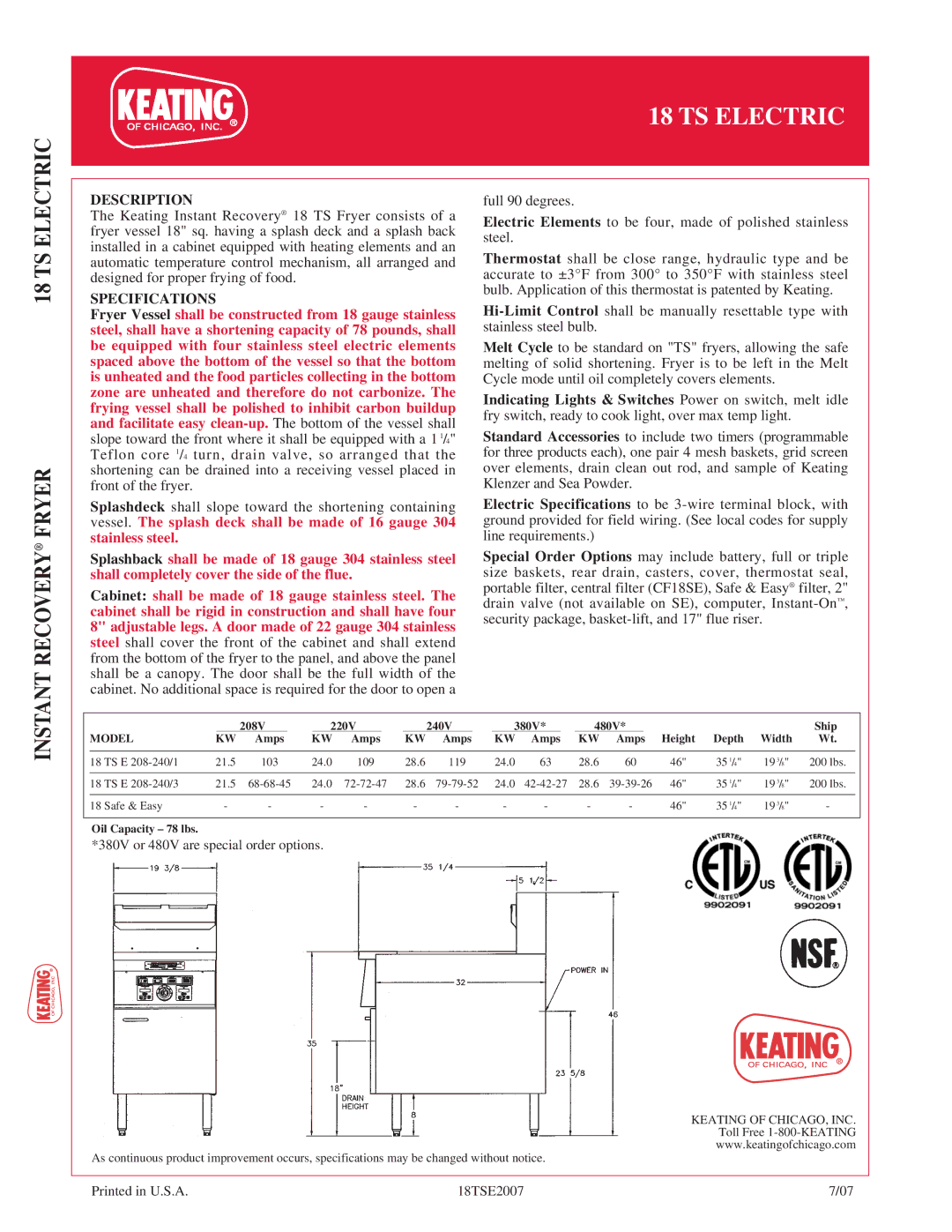 Keating Of Chicago 18 TS Electric manual TS Electric Recovery Fryer, Description, Specifications 