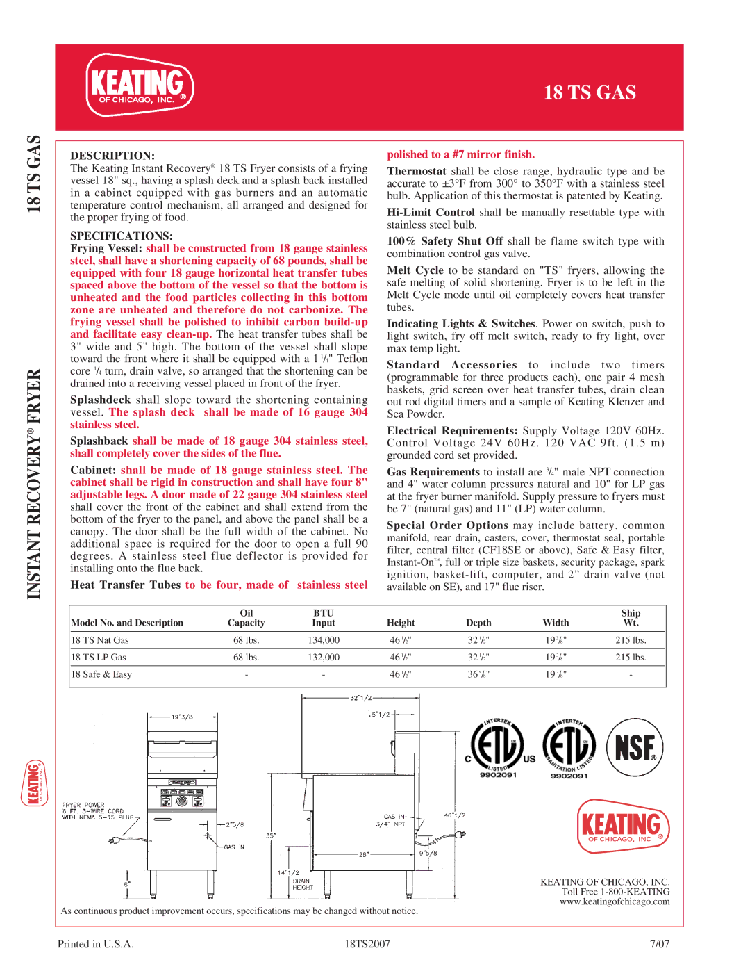 Keating Of Chicago 18 TS Gas manual Description, Specifications 